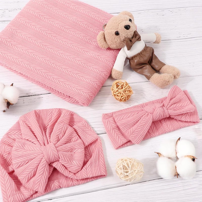 DRESHOW BQUBO Newborn Receiving Blanket Toddler Warm for Girls with Bow Hat and Bow Headband Shower Gift - Image 3